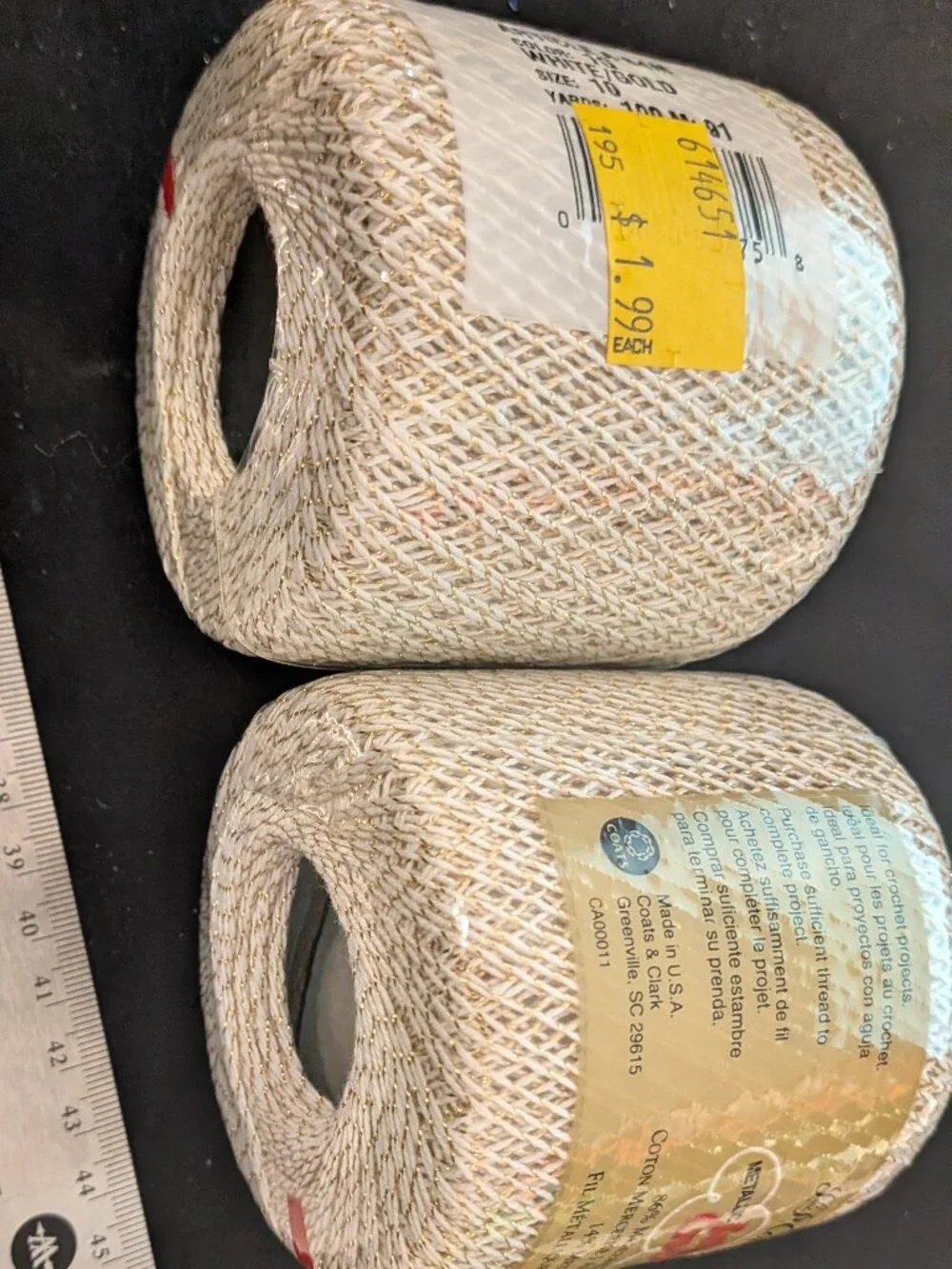 Vintage JP Coats Metallic Crochet Thread White Gold Size 10 Lot of 2